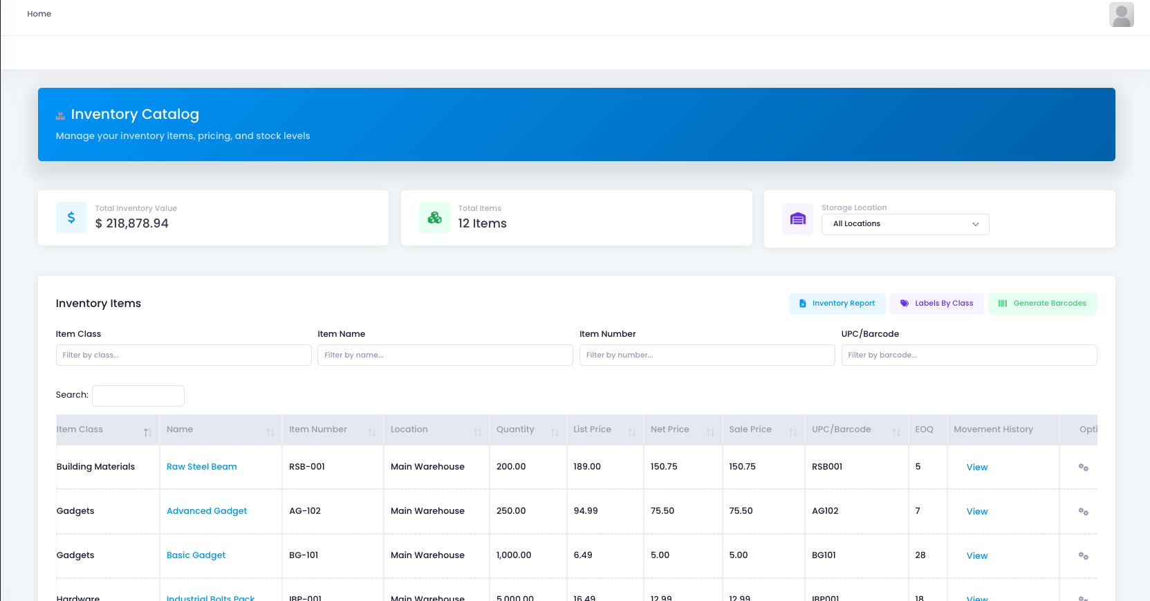 Inventory Items List
