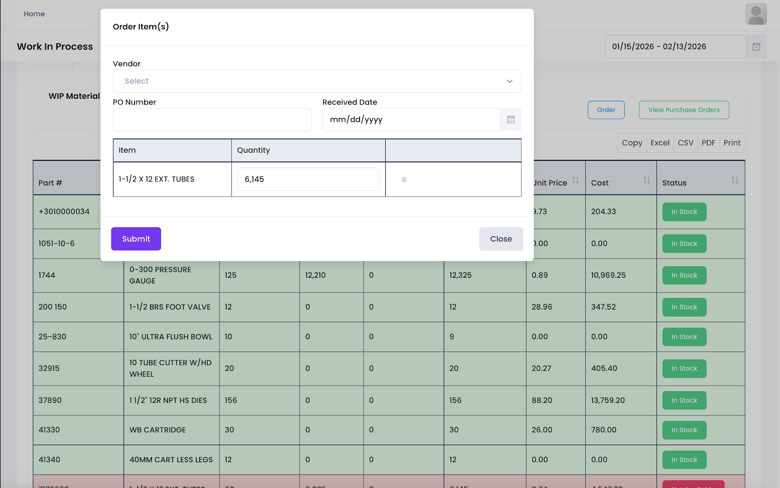 WIP Material Procurement